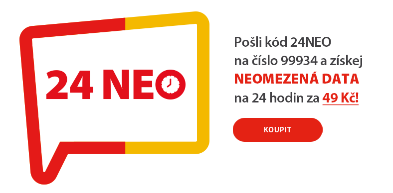 Pošli kód 24NEO na&nbsp;číslo 999348 a&nbsp;získej neomezená data na&nbsp;24 hodin za&nbsp;49 Kč! Koupit.