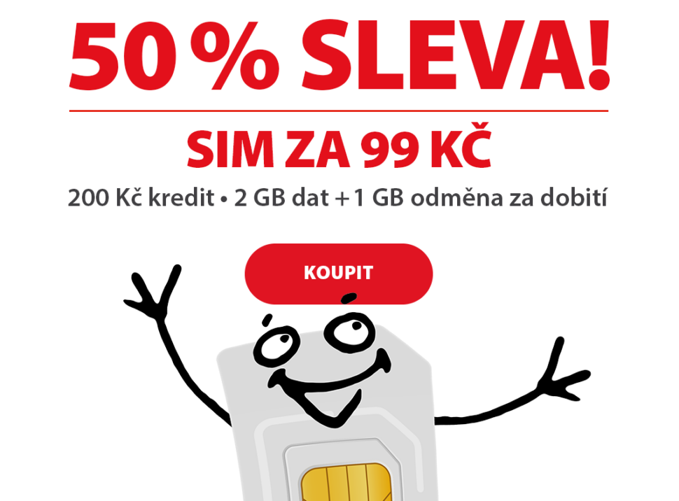 50% sleva! SIM za 99 Kč s 200 Kč kreditem. SIM obsahuje 2 GB dat + 1 GB odměna za dobití. Koupit.