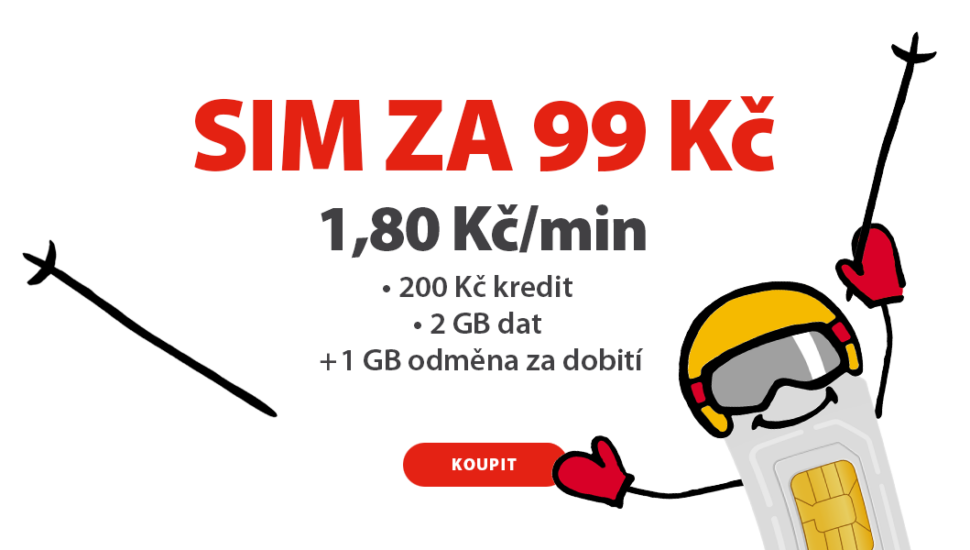 SIM za 99 Kč, volání za 1,80 Kč/min. Na SIM kartě je 200 Kč kredit a 2 GB dat + 1 GB odměna za dobití. Chci koupit.