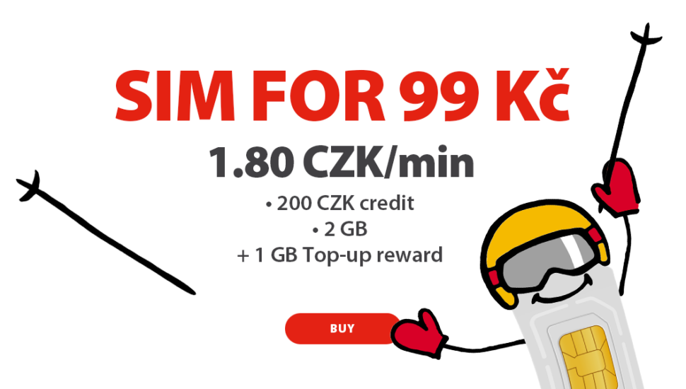 SIM for 99 CZK, calls for 1.80 CZK/min. The SIM card has a&nbsp;credit of 200 CZK and 2 GB of data + 1 GB reward for top-up. I&nbsp;want to buy.